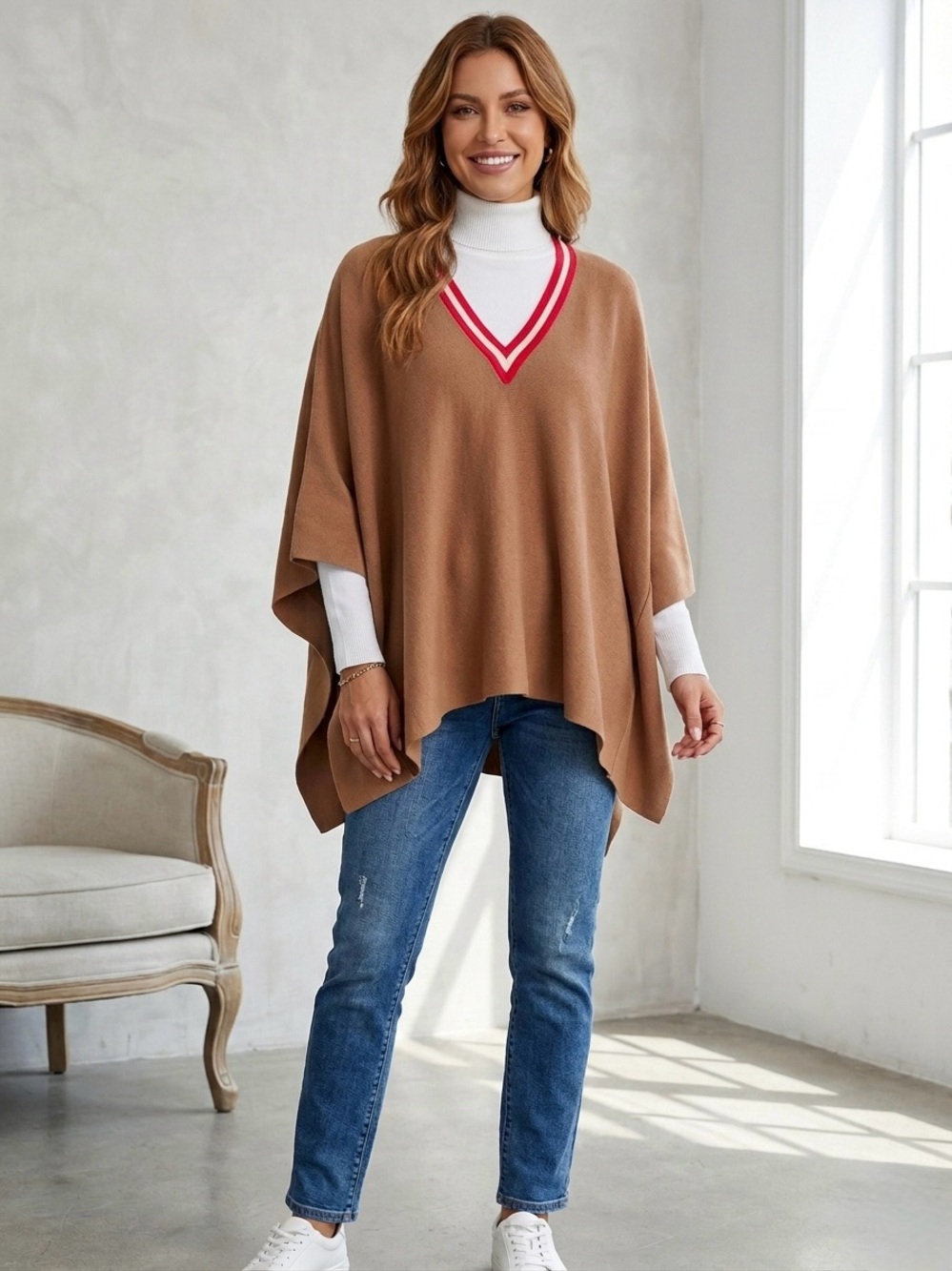 NWOT MERSEA “Anywhere V-Neck Poncho” in Caramel Brown🤎w/Bright Red❤️&White🤍 OS